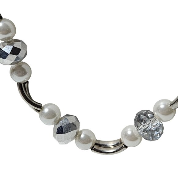 Elegant Handcrafted Silver Tone Faux Pearl  Faceted Bead Necklace Fashion Women - Picture 3 of 6